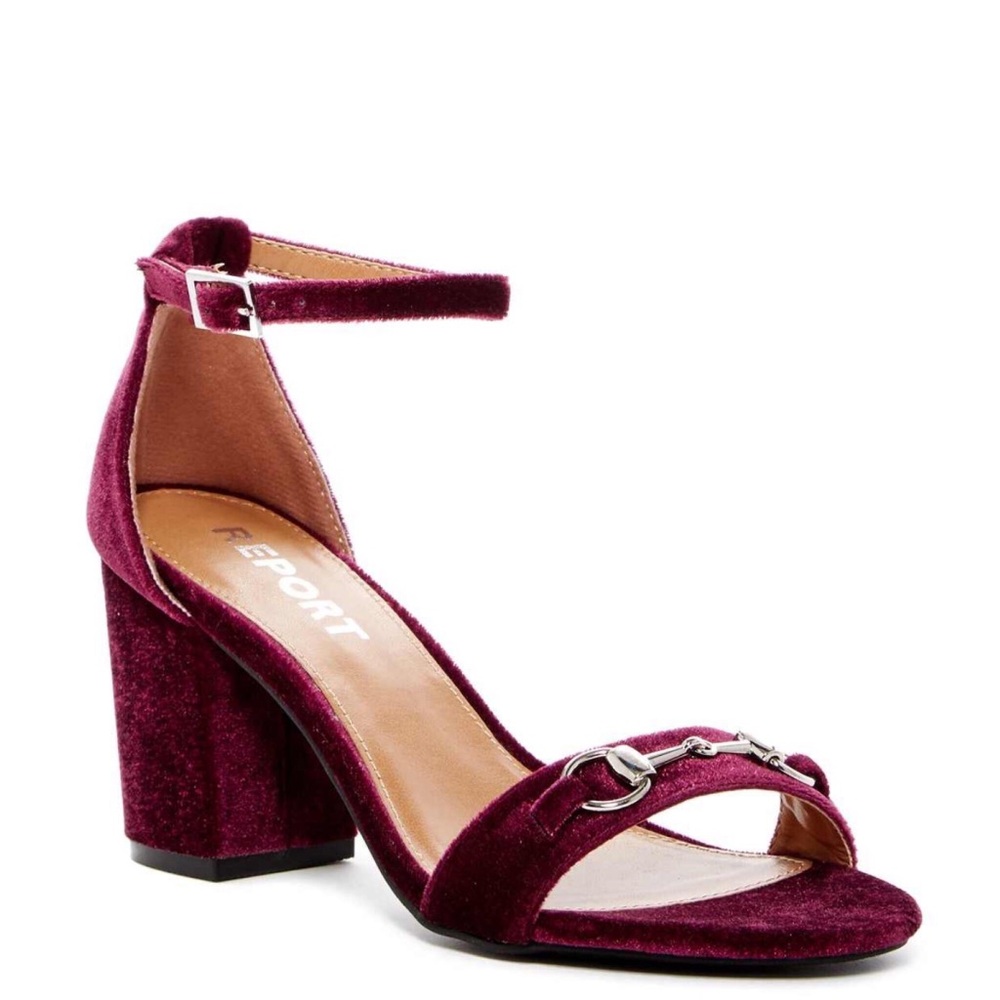 Velvet Ankle-Strap Block Heel Sandals in Wine